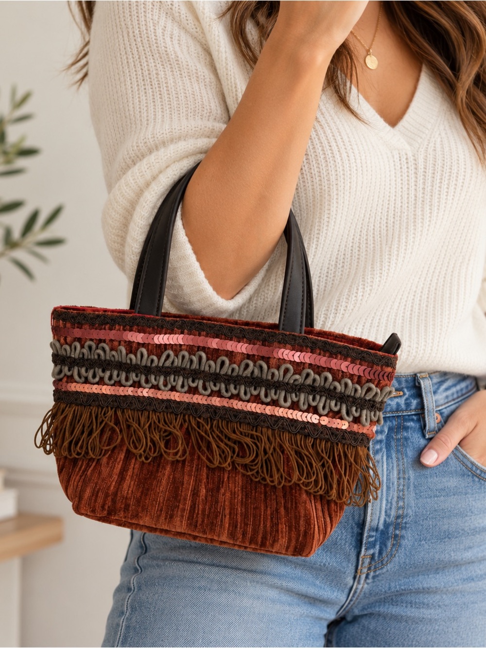 Tua by Braccialini Firenze Velvet Sequin Fringe Mini Velvet Handbag